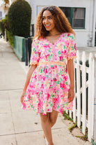 Haptics Rose Floral Print Ric Rack Trim Babydoll Dress