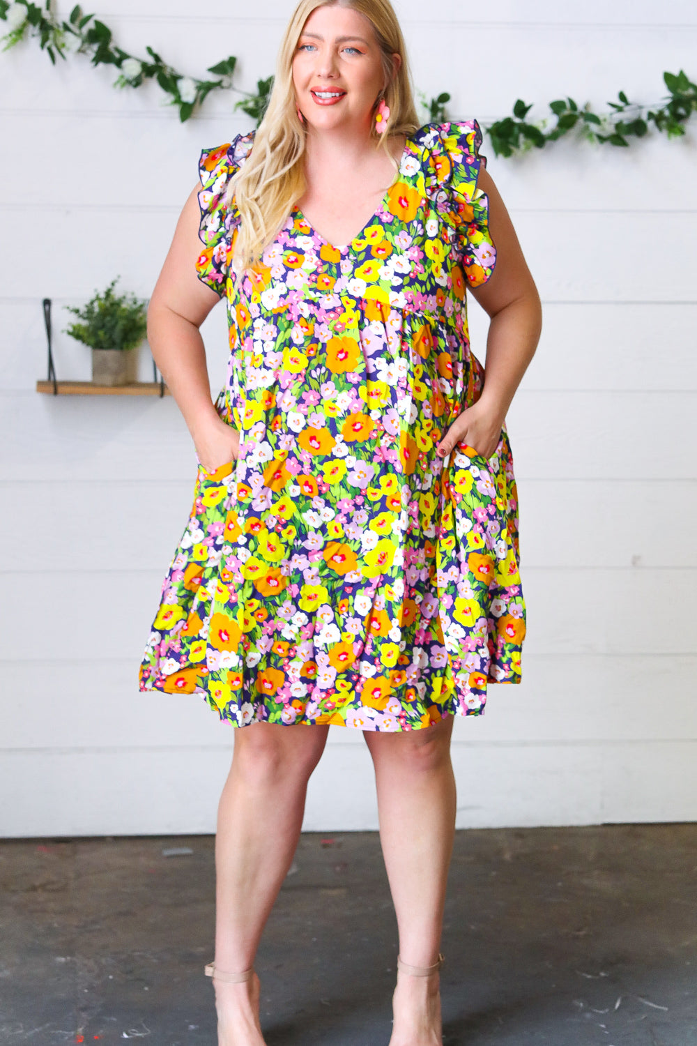 Haptics Indigo & Lemon Floral Babydoll Ruffle Dress Final Sale