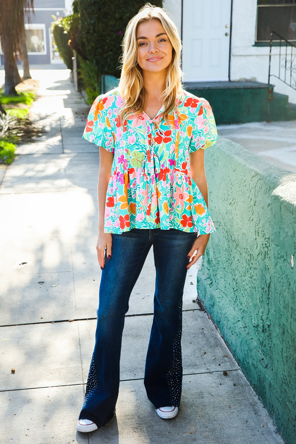 Haptics Babydoll Puff Sleeve Floral Tie Bow Blouse Sale