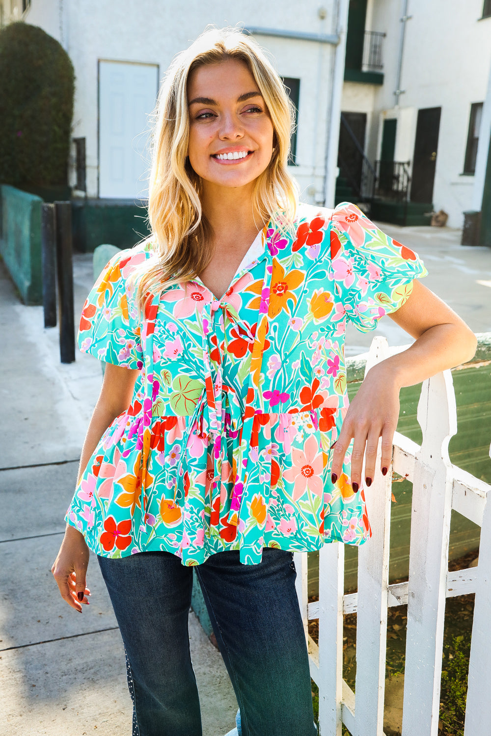 Haptics Babydoll Puff Sleeve Floral Tie Bow Blouse Sale