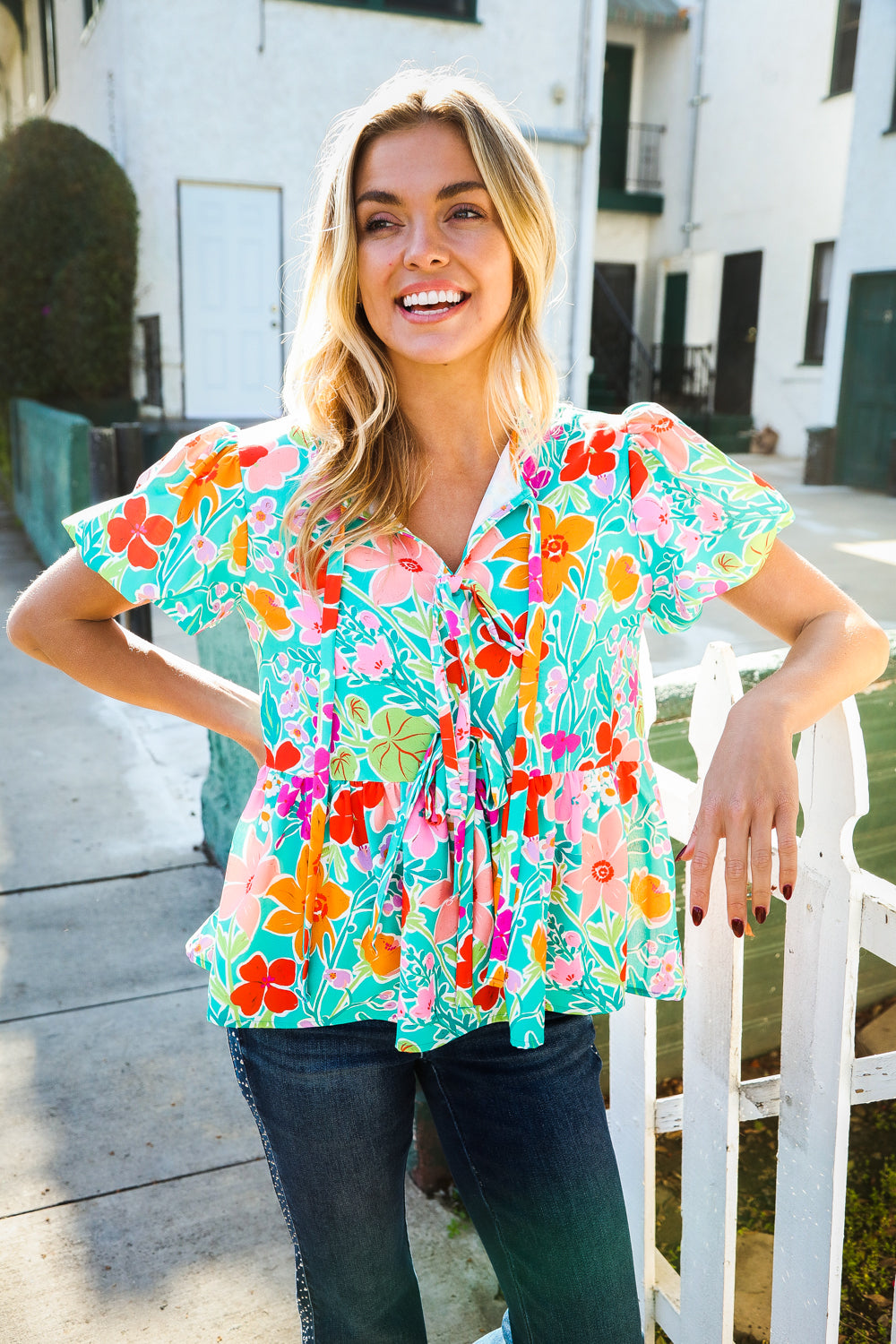 Haptics Babydoll Puff Sleeve Floral Tie Bow Blouse Sale