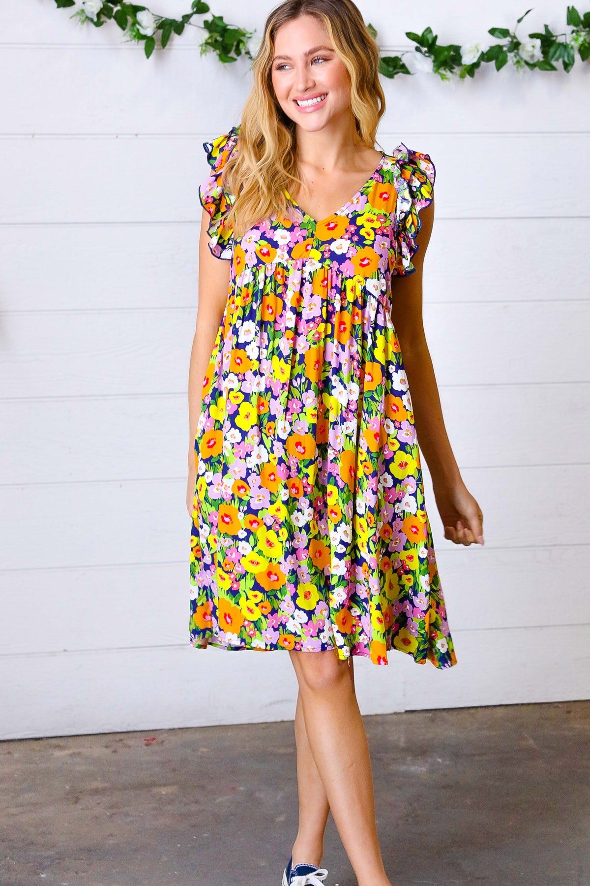 Haptics Indigo & Lemon Floral Babydoll Ruffle Dress Final Sale