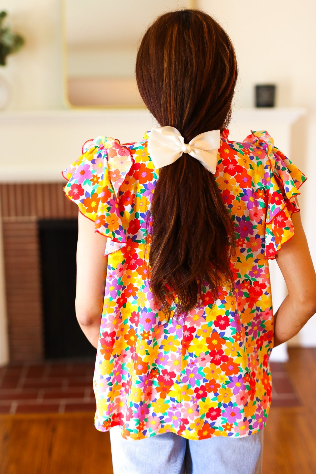 Haptics Flower Power Ivory & Red Floral Mock Neck Flutter Sleeve Top Final Sale