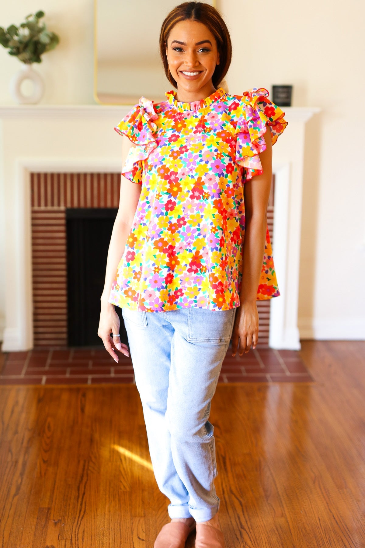 Haptics Flower Power Ivory & Red Floral Mock Neck Flutter Sleeve Top Final Sale