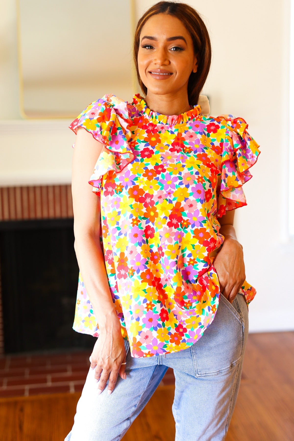 Haptics Flower Power Ivory & Red Floral Mock Neck Flutter Sleeve Top Final Sale