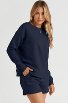 Double Take Quilted Textured Long Sleeve Top and Drawstring Shorts Set in Five Colors Navy Sets