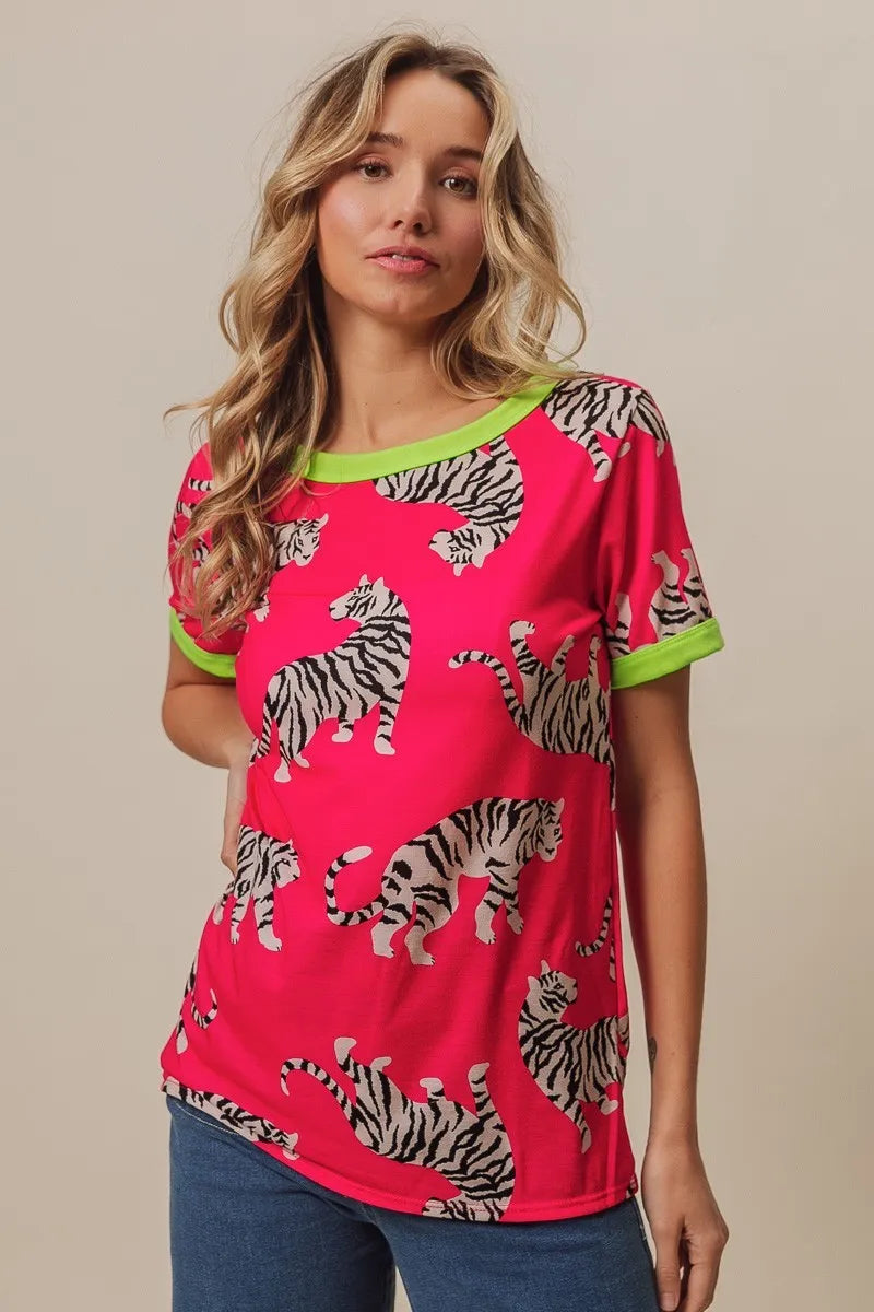 BiBi Fuchsia Big Tiger Print Jersey Contrast Ringer Top