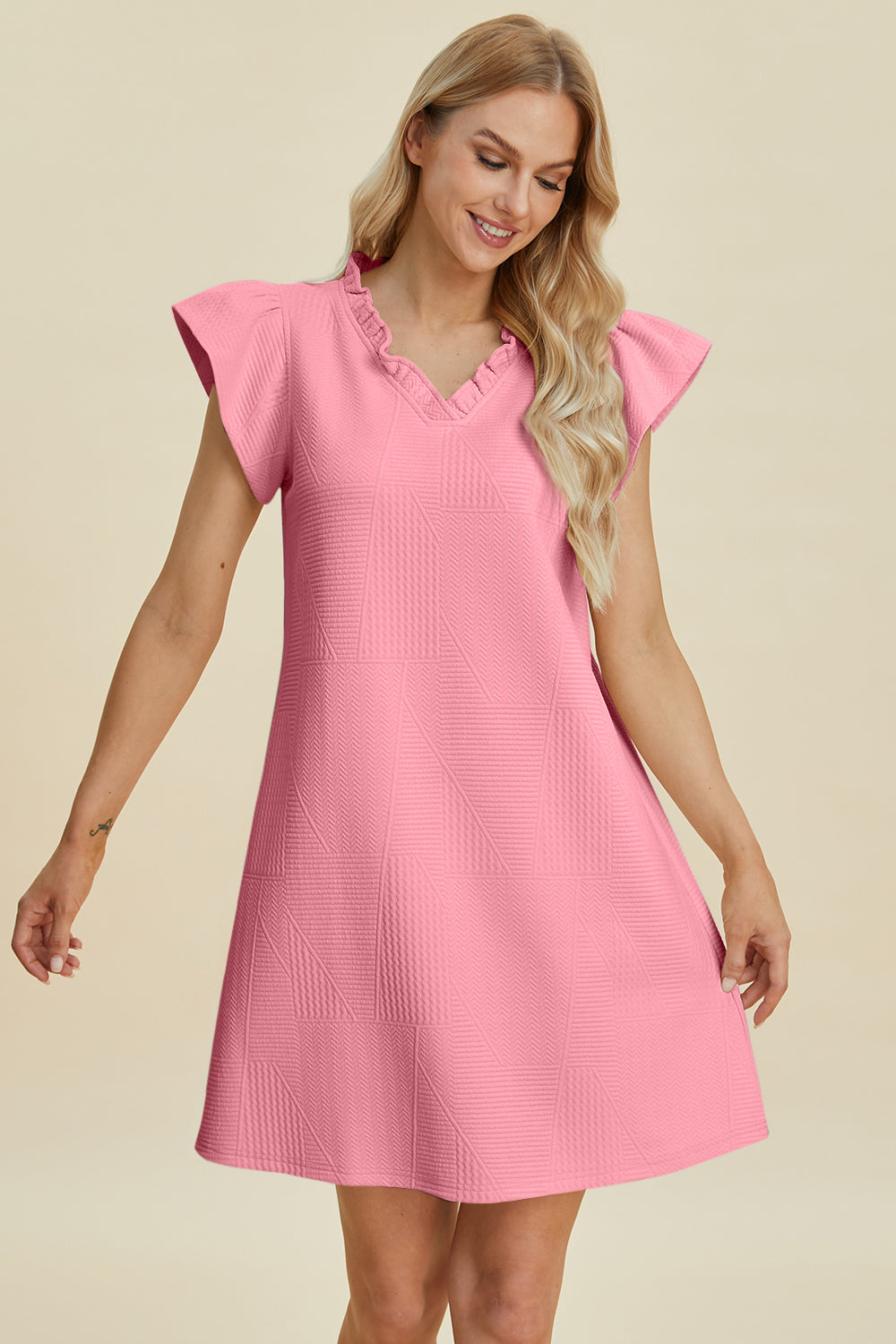 Double Take: 5 Colors Quilted Ruffled V-Neck Cap Sleeve Dress Blush Pink Dresses