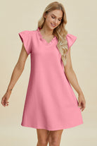 Double Take: 5 Colors Quilted Ruffled V-Neck Cap Sleeve Dress Blush Pink Dresses