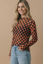 Haptics Spooky Checkered Pumpkin Mesh Long Sleeve Top Tops