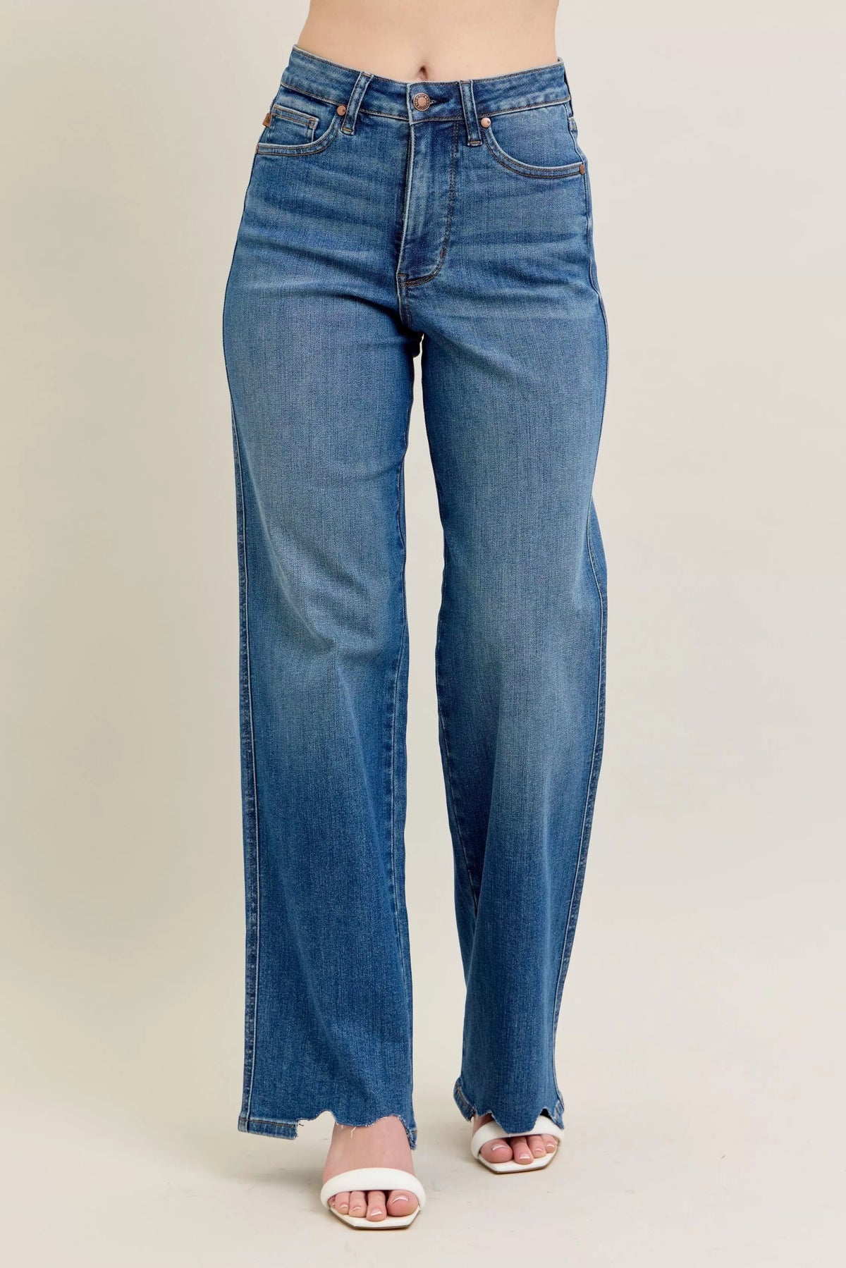 Judy Blue Medium Washed High Waist Tummy Control Chew Hem Destroyed Wide Jeans