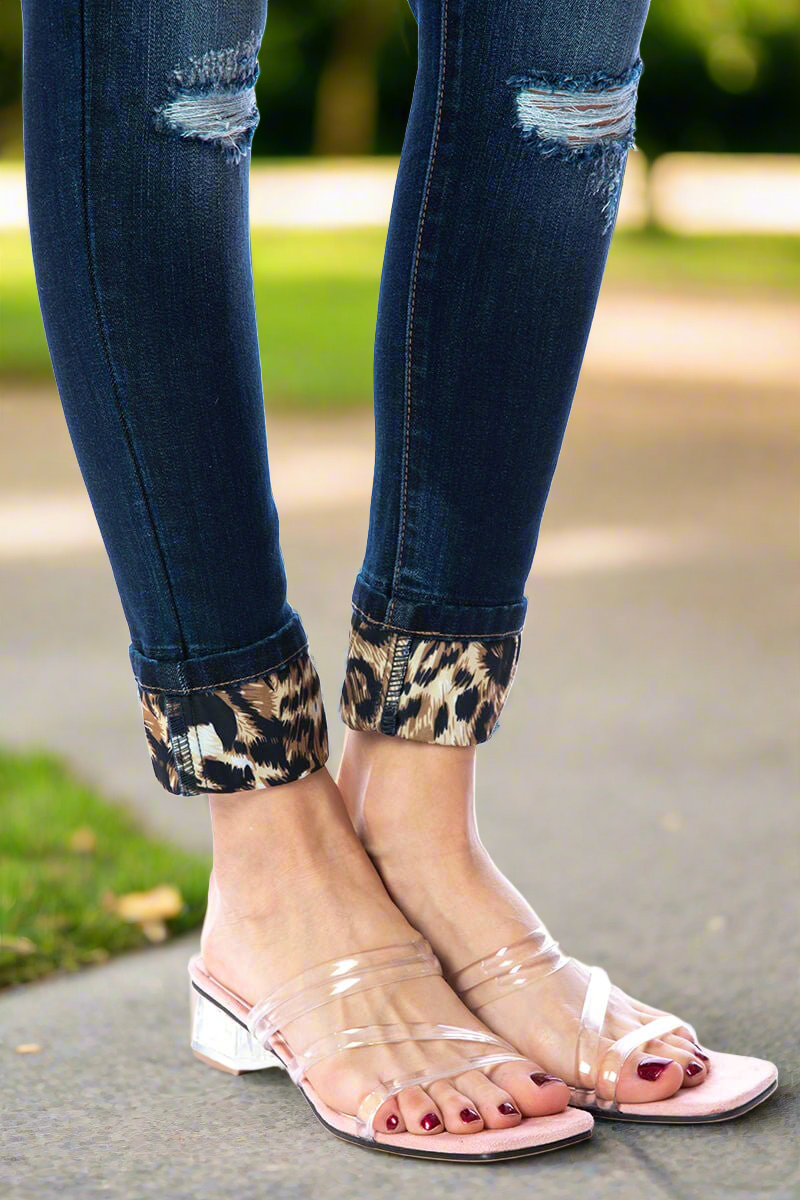 KanCan Mid Rise Distressed Leopard Print Accent Super Skinny Jeans Jeans