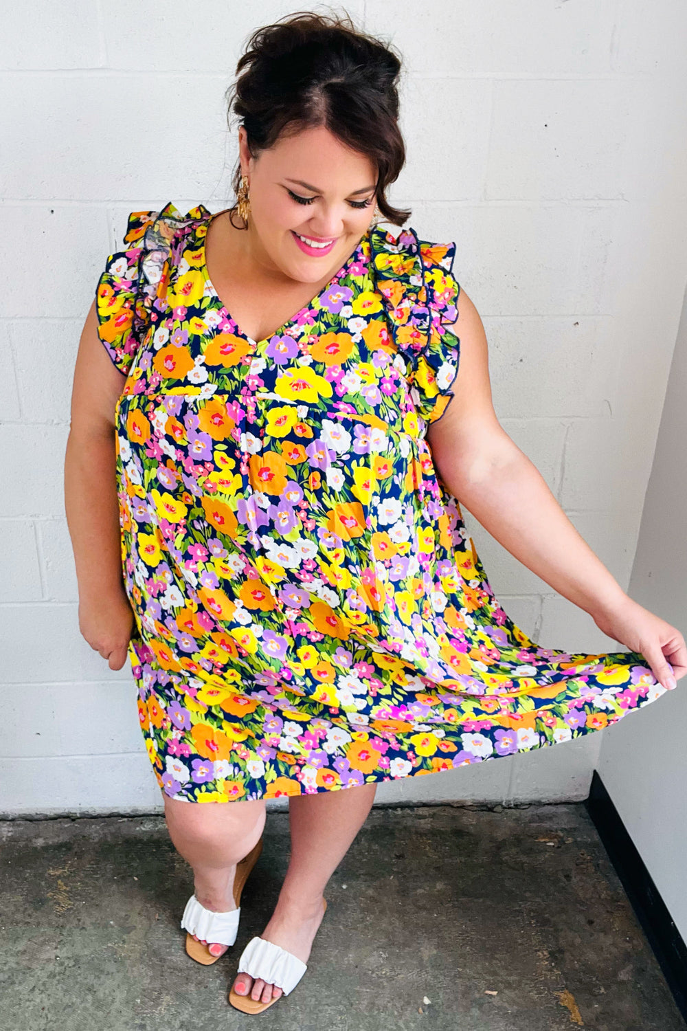 Haptics Indigo & Lemon Floral Babydoll Ruffle Dress Final Sale