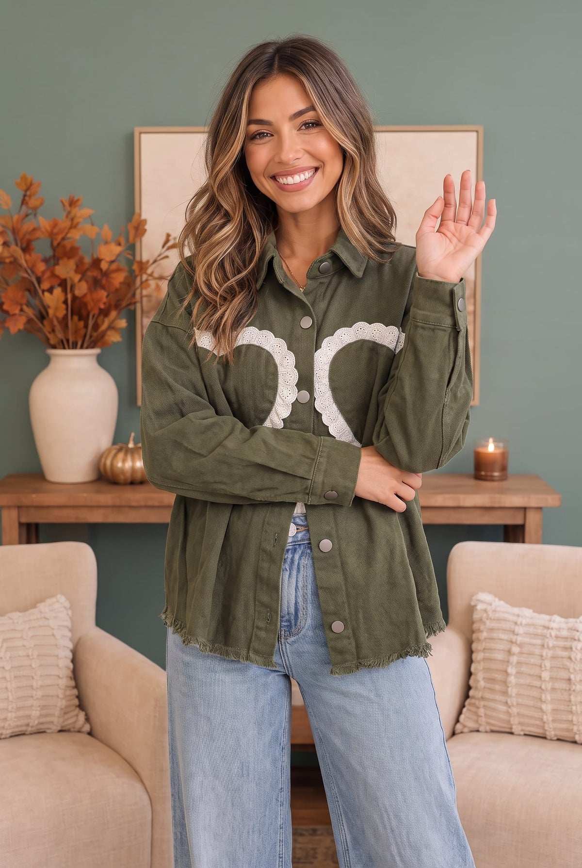 BIBI I Heart You Lace Applique Corduroy Shacket Jackets