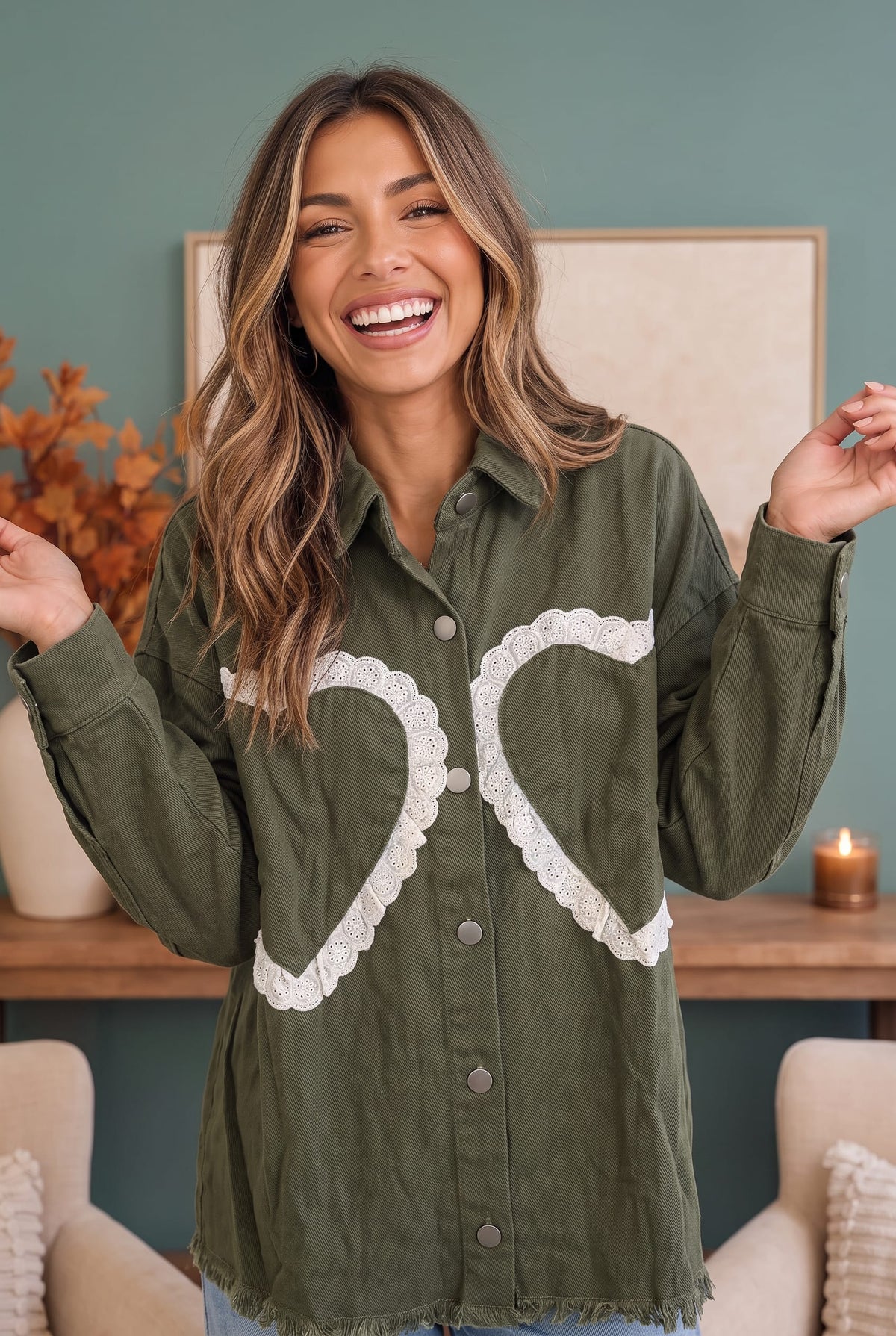 BIBI I Heart You Lace Applique Corduroy Shacket Jackets