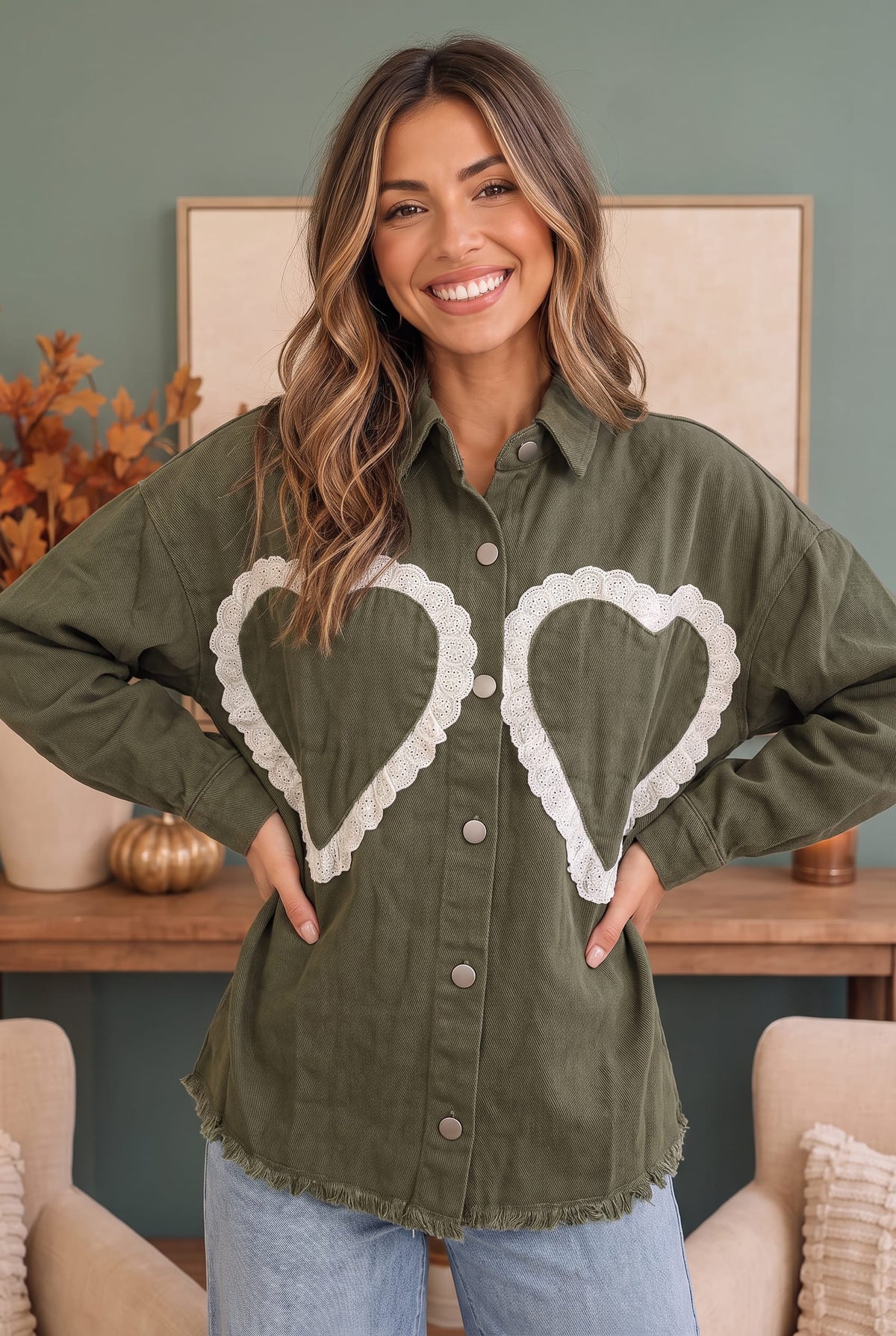 BIBI I Heart You Lace Applique Corduroy Shacket Jackets