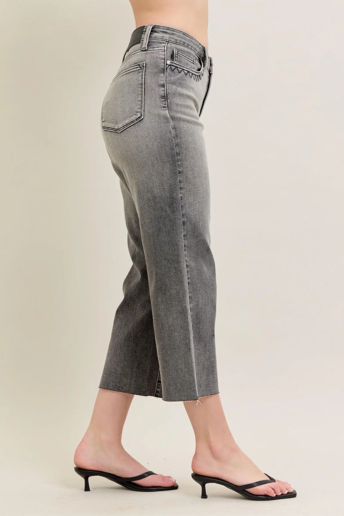 Judy Blue Grey Washed High Waist Front Pocket Embroidered Wide Cropped Leg Denim Jeans