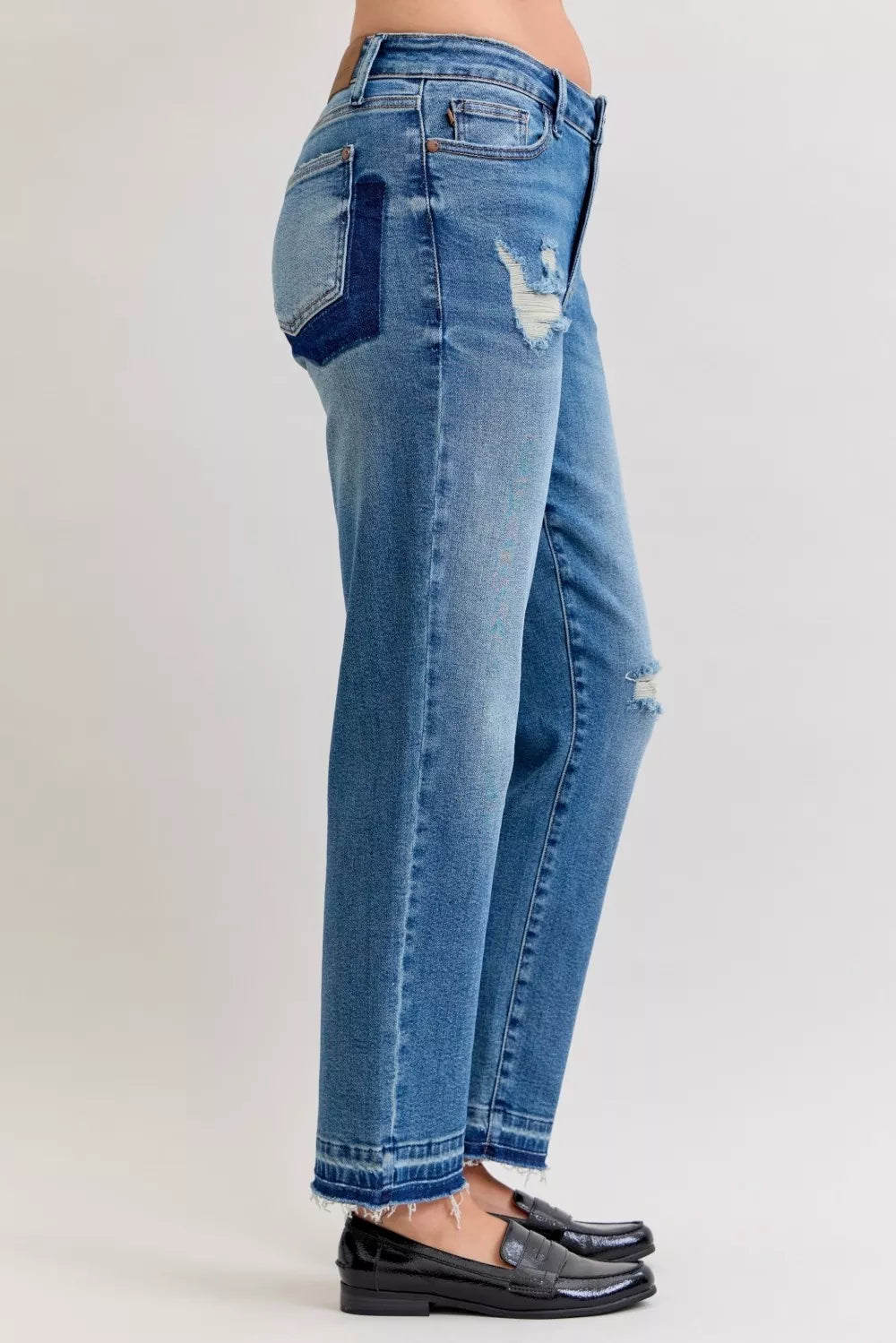 Judy Blue Mid Rise Boyfriend Patch & Repair Destroyed Release Hem Jeans