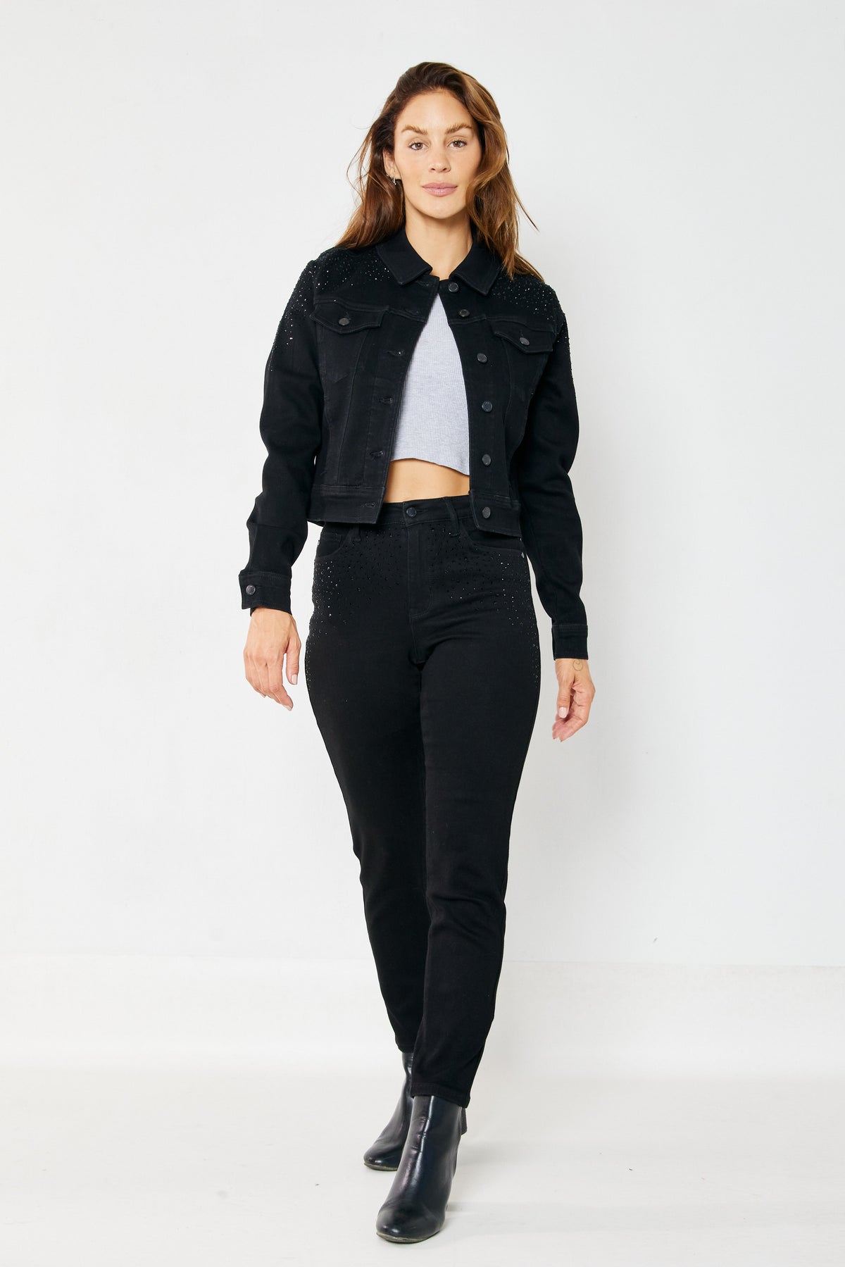 Judy Blue Reese Rhinestone Slim Fit Jeans in Black Womens