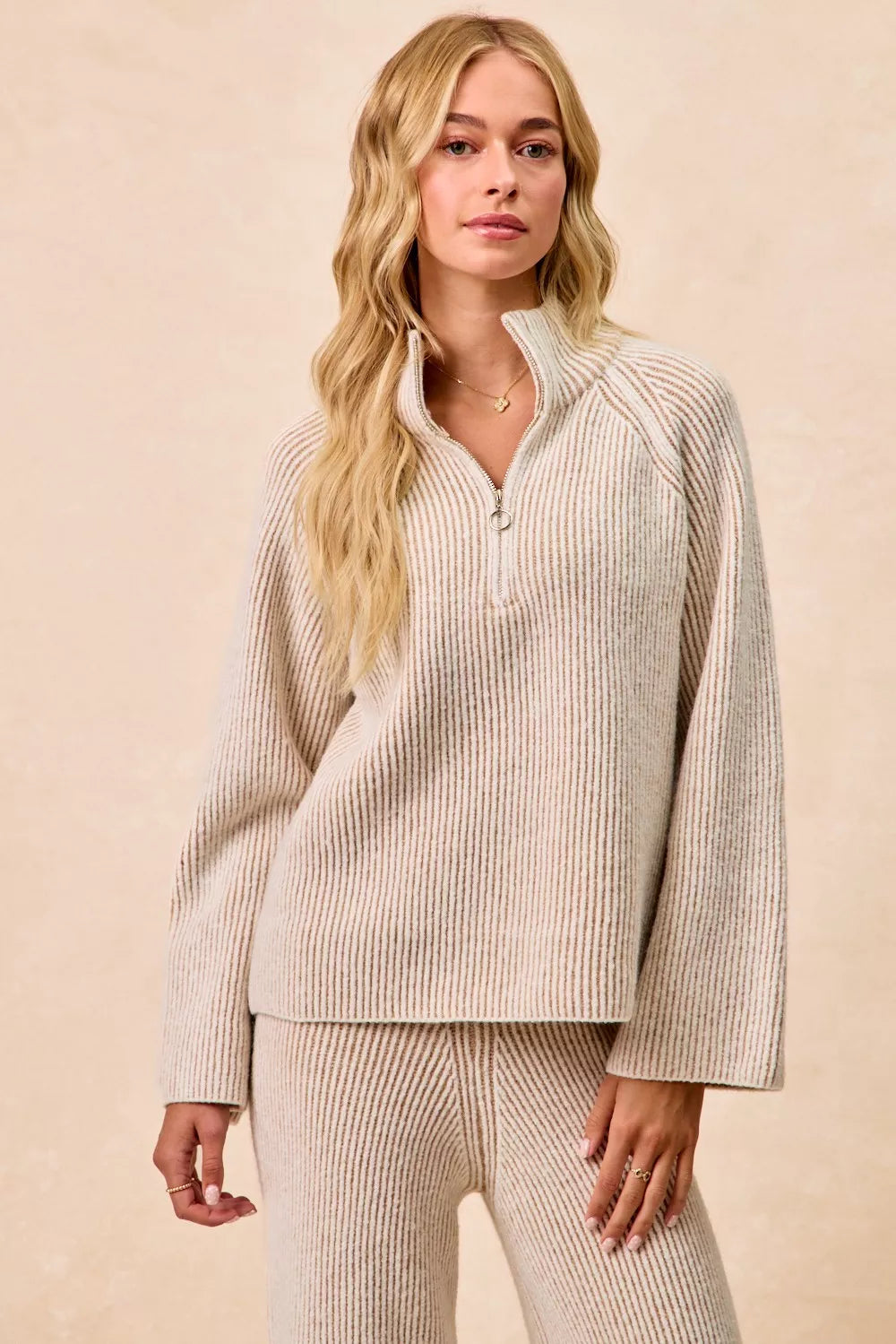BiBi Taupe Two Tone Rib Texured Knit Collared Top with Zip Up