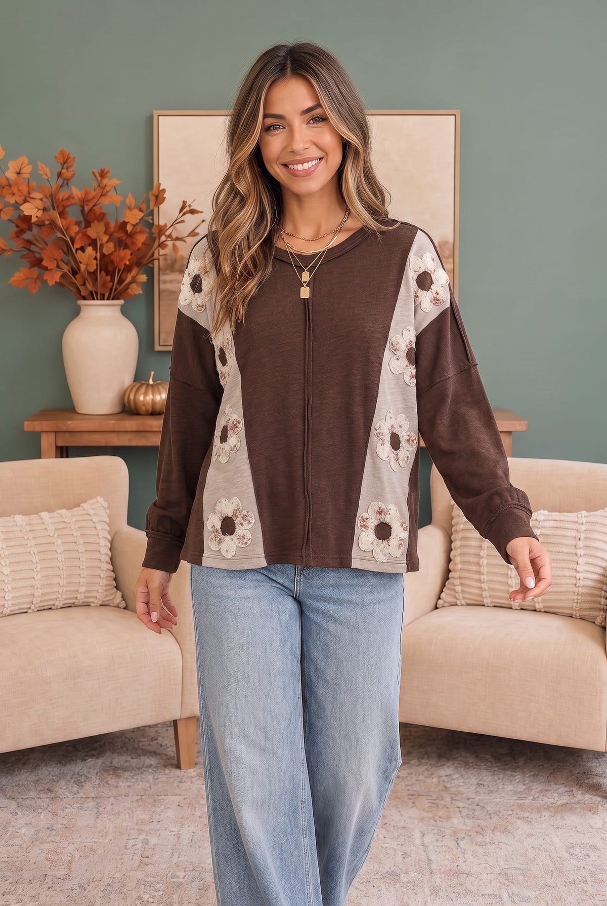 Haptics Darling Daisies Long Sleeve in Brown Tops