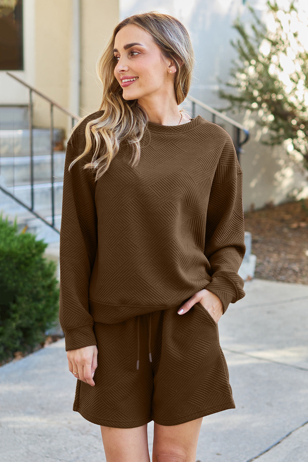 Double Take Quilted Textured Long Sleeve Top and Drawstring Shorts Set in Five Colors Sets