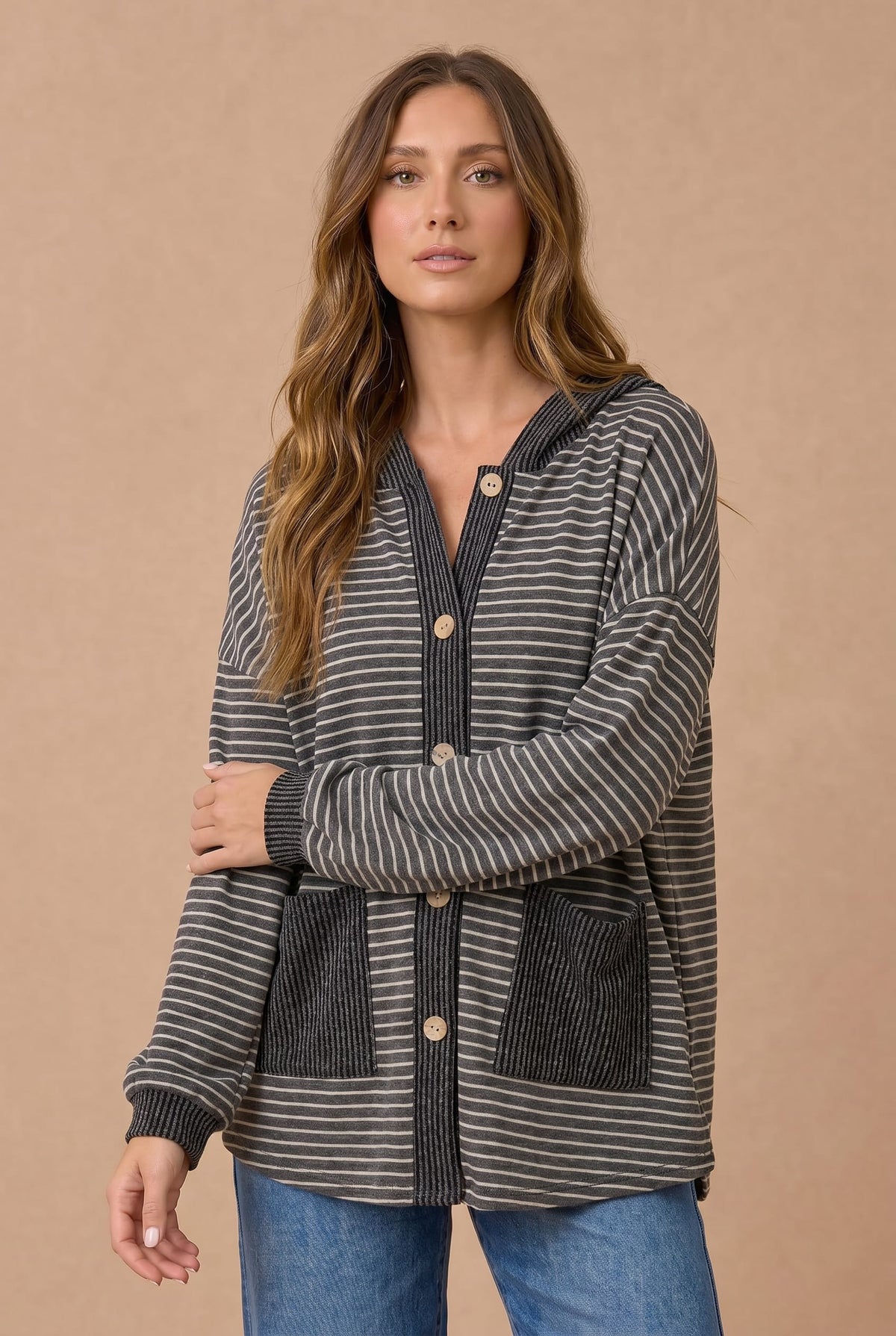 Haptics Crafting Corner Stripe Button Front Hoodie in Navy Cardigans