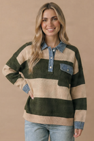 Haptics Olive Grove Striped Denim Collar Sweater Sweaters