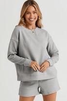 Double Take Quilted Textured Long Sleeve Top and Drawstring Shorts Set in Five Colors Cloudy Blue Sets