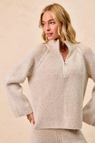 BiBi Taupe Two Tone Rib Texured Knit Collared Top with Zip Up