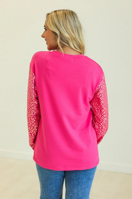 Southern Grace Pink Sequins Santa Sweatshirt With Gold Leopard Sleeves Shirts & Tops