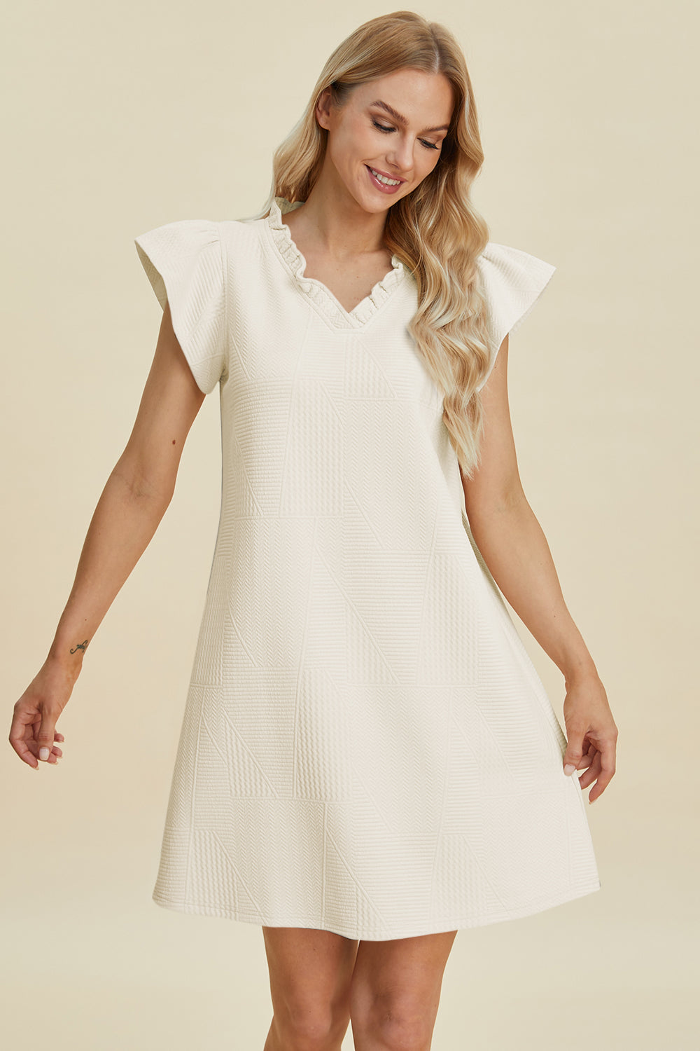 Double Take: 5 Colors Quilted Ruffled V-Neck Cap Sleeve Dress Cream Dresses