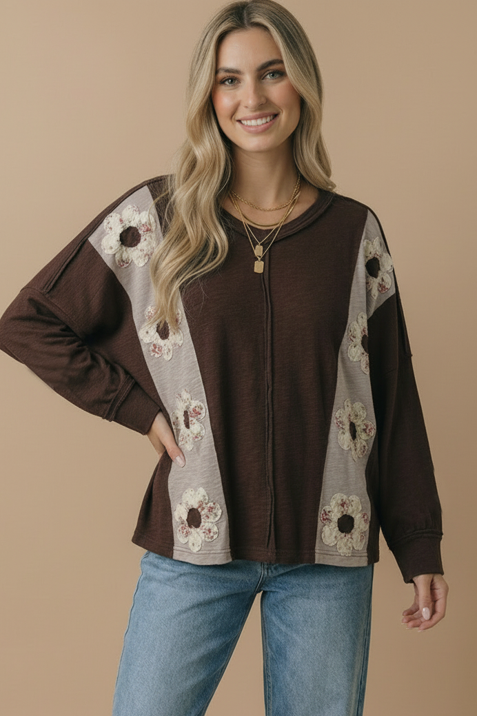 Haptics Darling Daisies Long Sleeve in Brown Tops