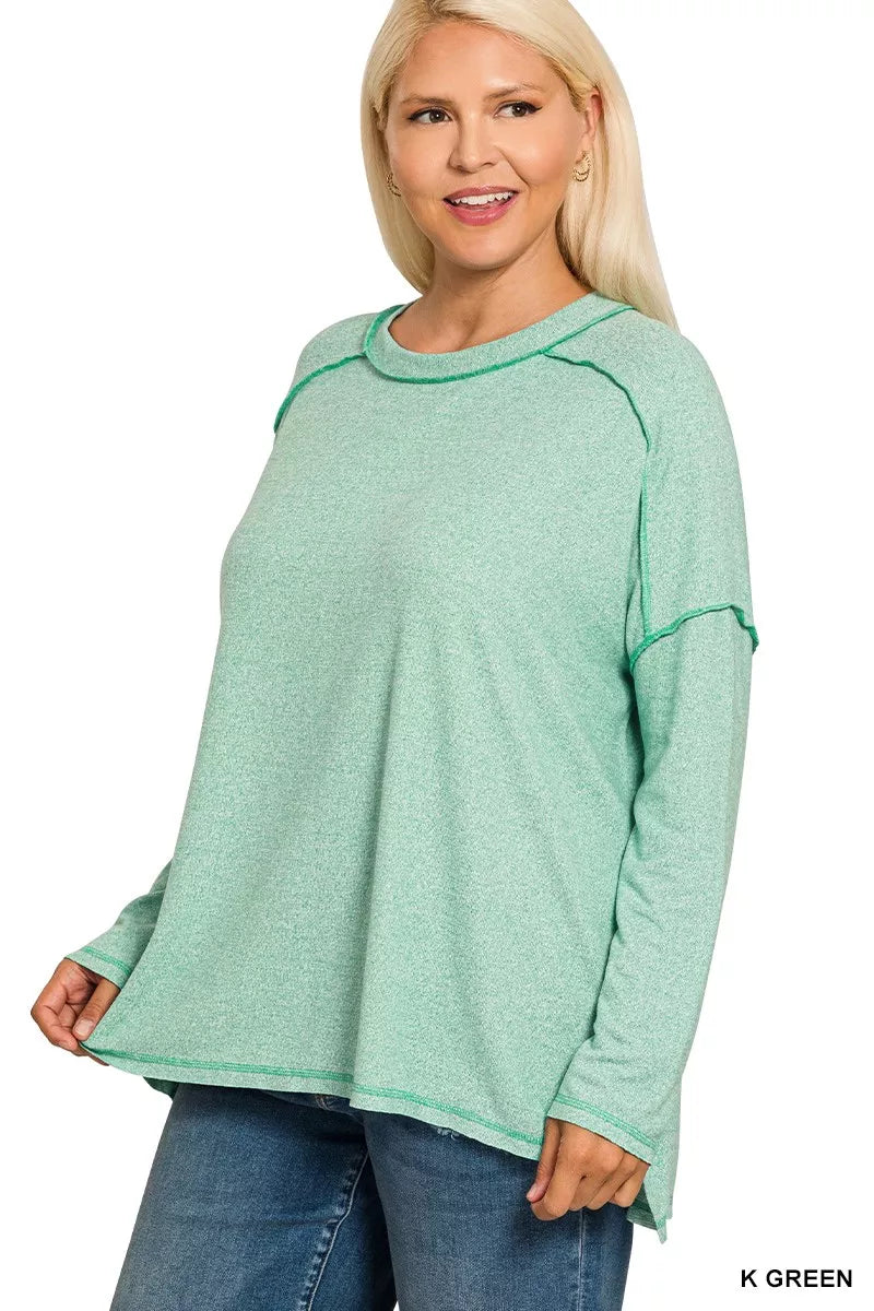 Zenana Kelly Green Melange Hacci Exposed Seam Hi-low Top