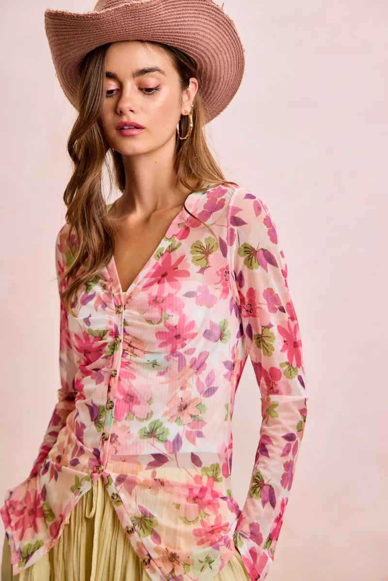 BiBi Floral Shrried Detail Button Up Mesh Cardigan Top PINK MULTI