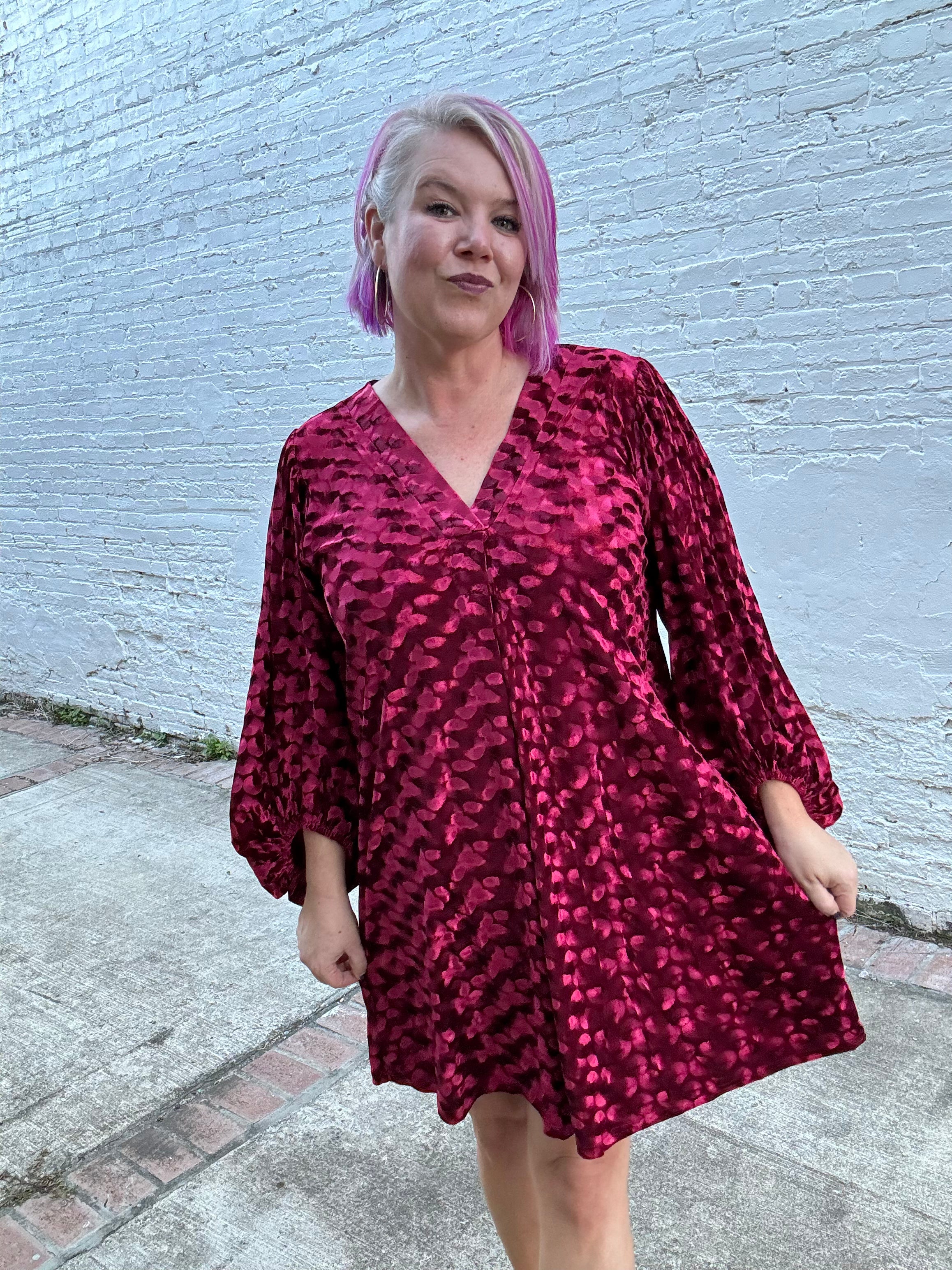 Jodifl Size S Regal Radiance V-Neck Red Velvet Textured Dress Dresses