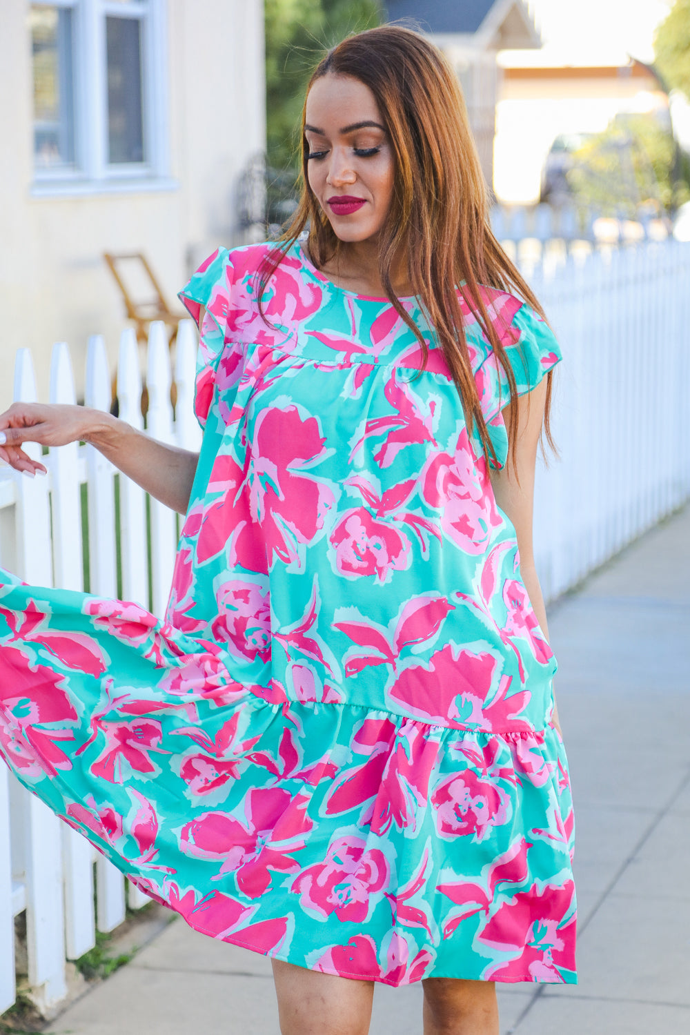Haptics Aqua Floral Print Tiered Ruffle Sleeve Dress Dresses