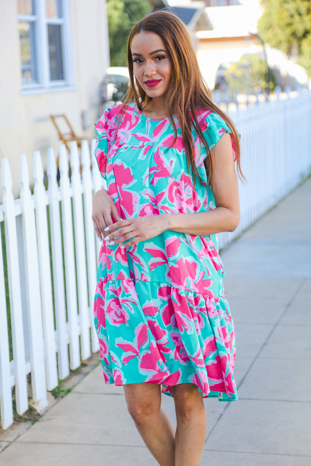 Haptics Aqua Floral Print Tiered Ruffle Sleeve Dress Dresses