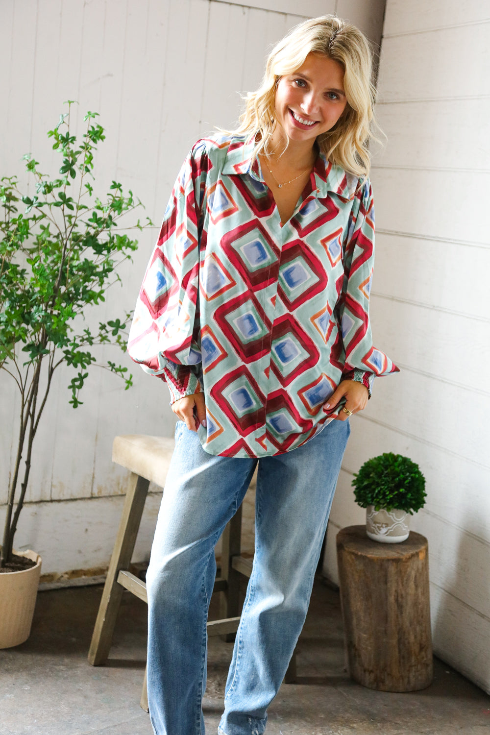 First Love Geometric V Neck Blouse Sale