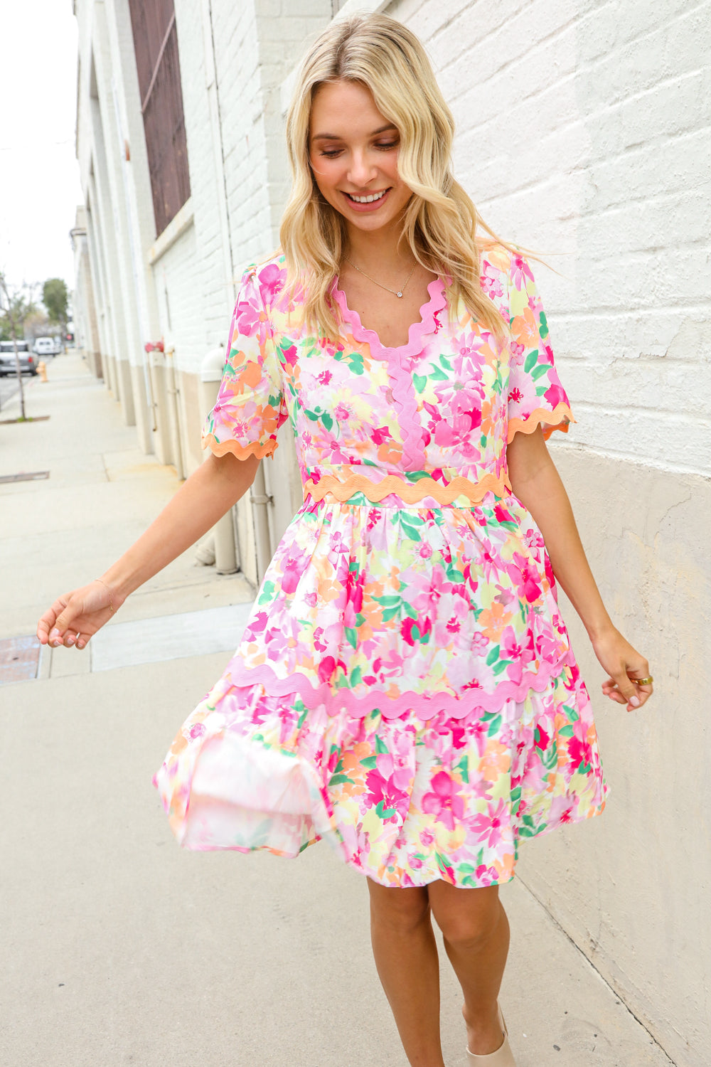 Haptics Rose Floral Print Ric Rack Trim Babydoll Dress