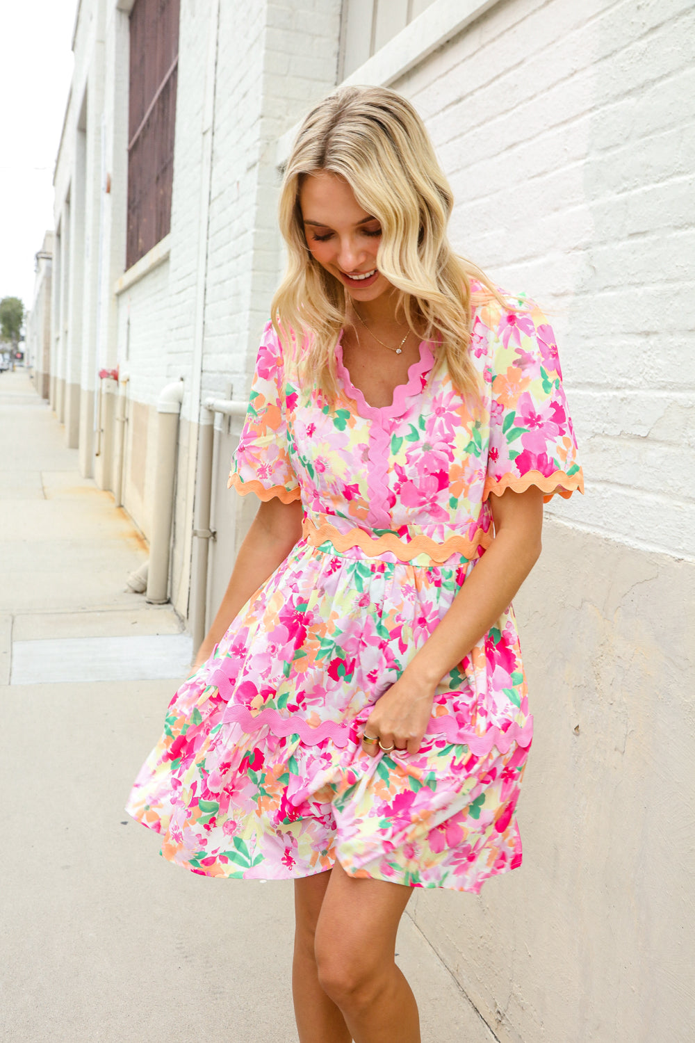 Haptics Rose Floral Print Ric Rack Trim Babydoll Dress