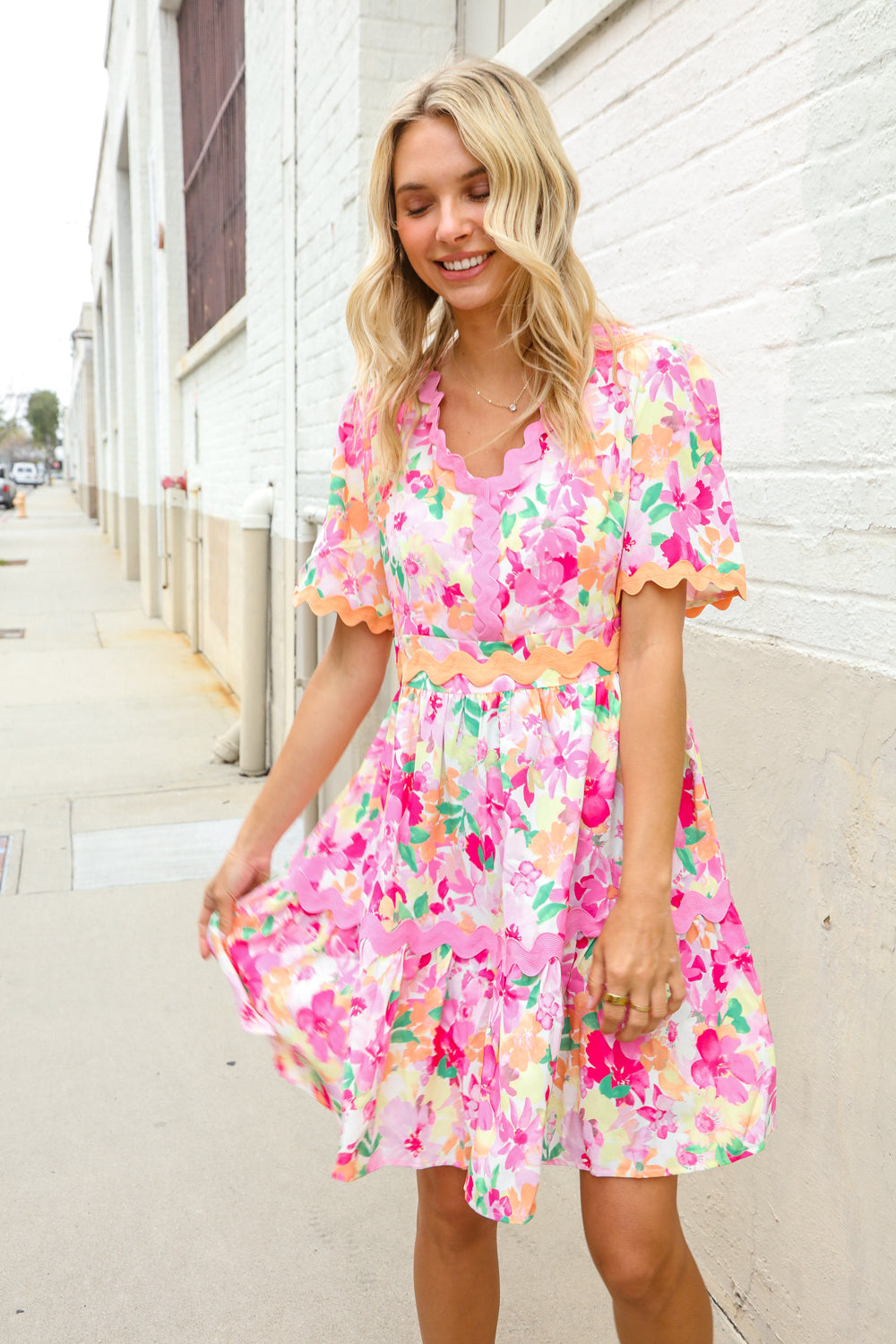 Haptics Rose Floral Print Ric Rack Trim Babydoll Dress