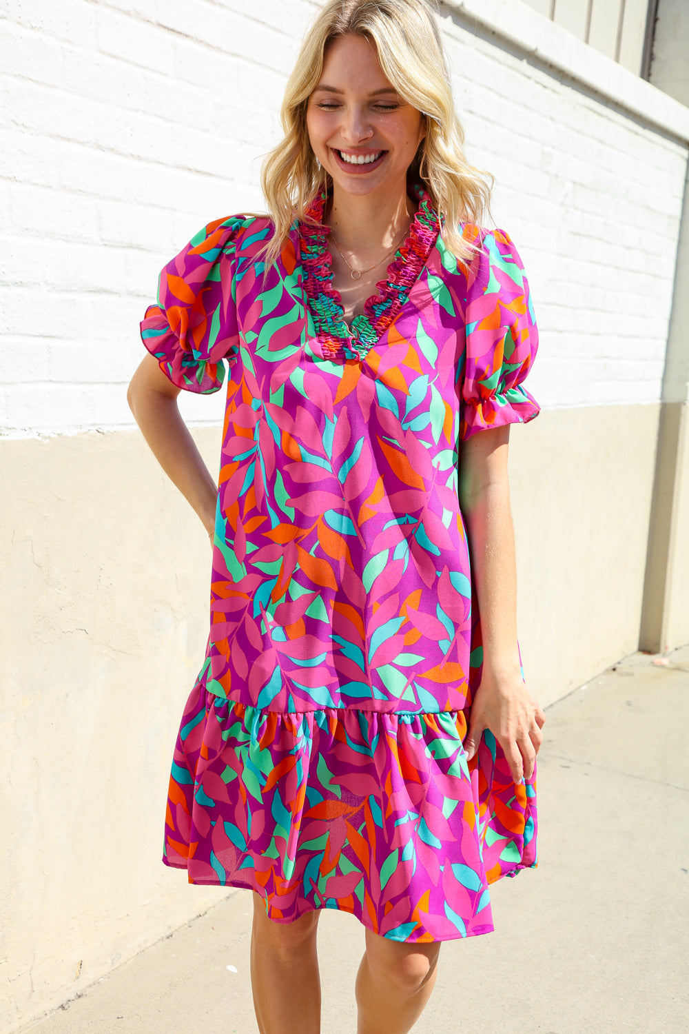 Haptics Magenta Multicolor Abstract Floral Leaf Puff Sleeve Dress