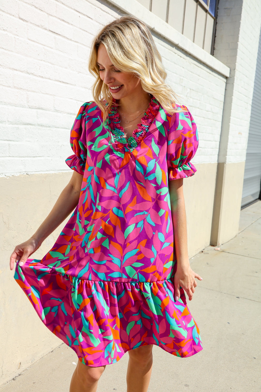 Haptics Magenta Multicolor Abstract Floral Leaf Puff Sleeve Dress