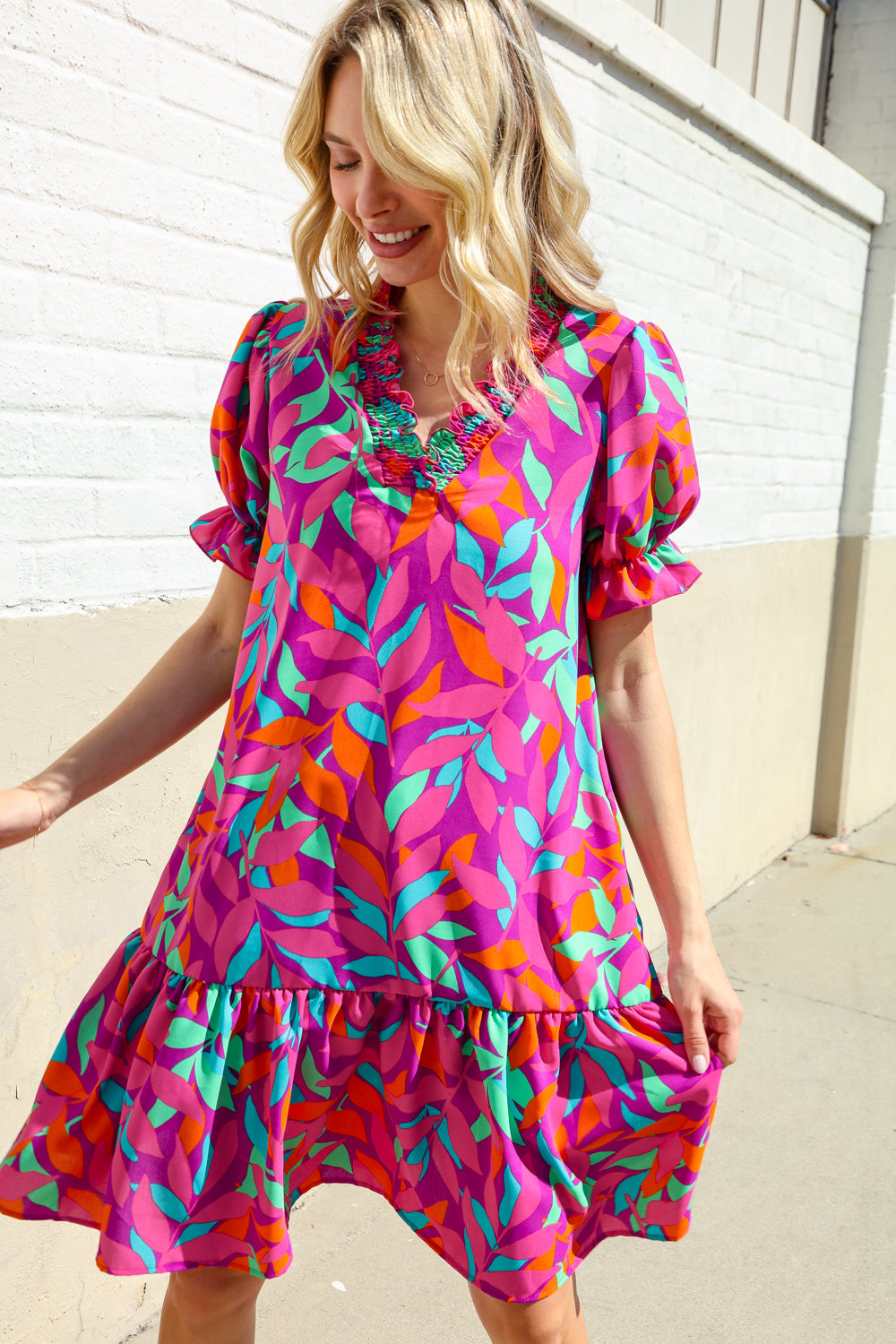 Haptics Magenta Multicolor Abstract Floral Leaf Puff Sleeve Dress