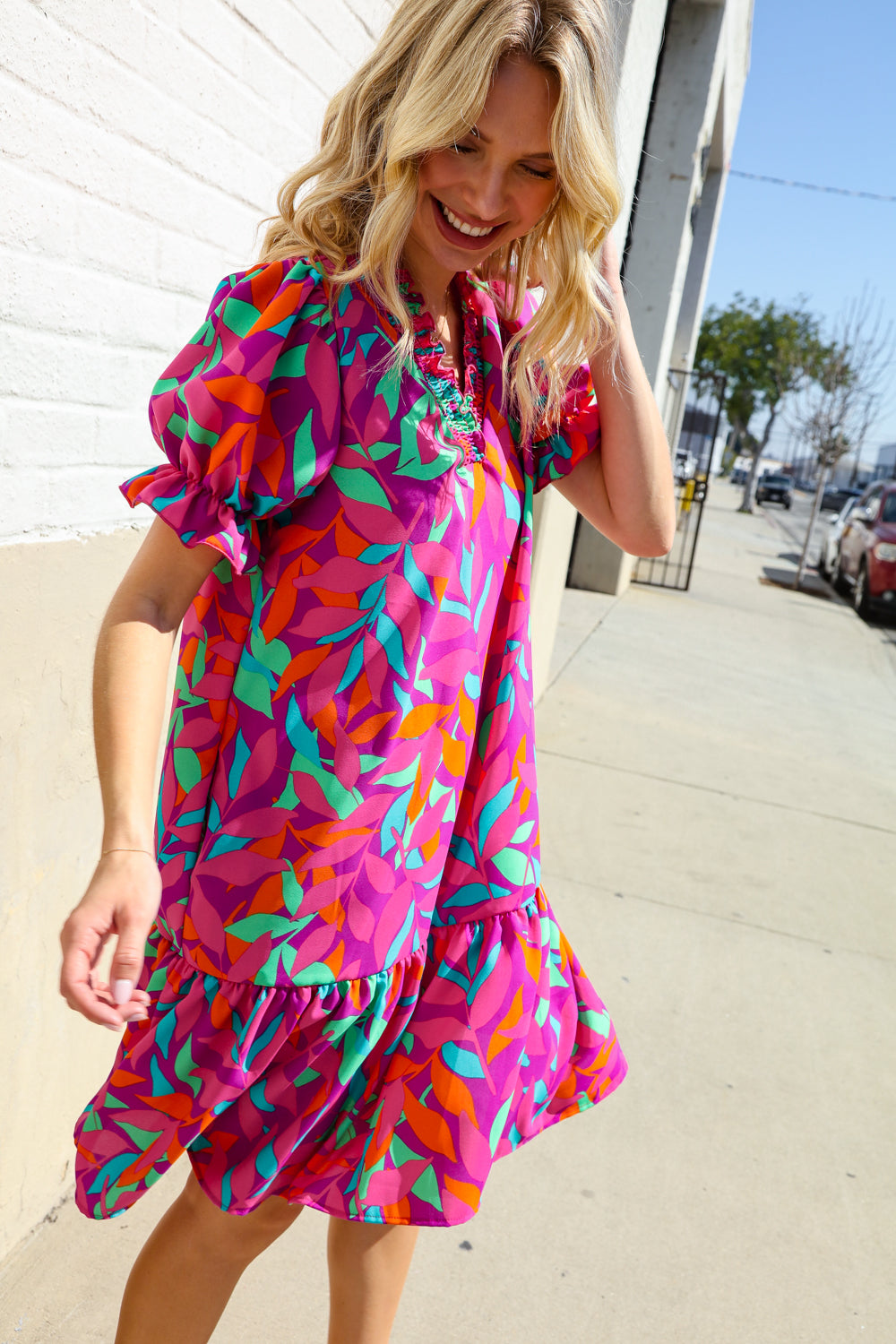 Haptics Magenta Multicolor Abstract Floral Leaf Puff Sleeve Dress