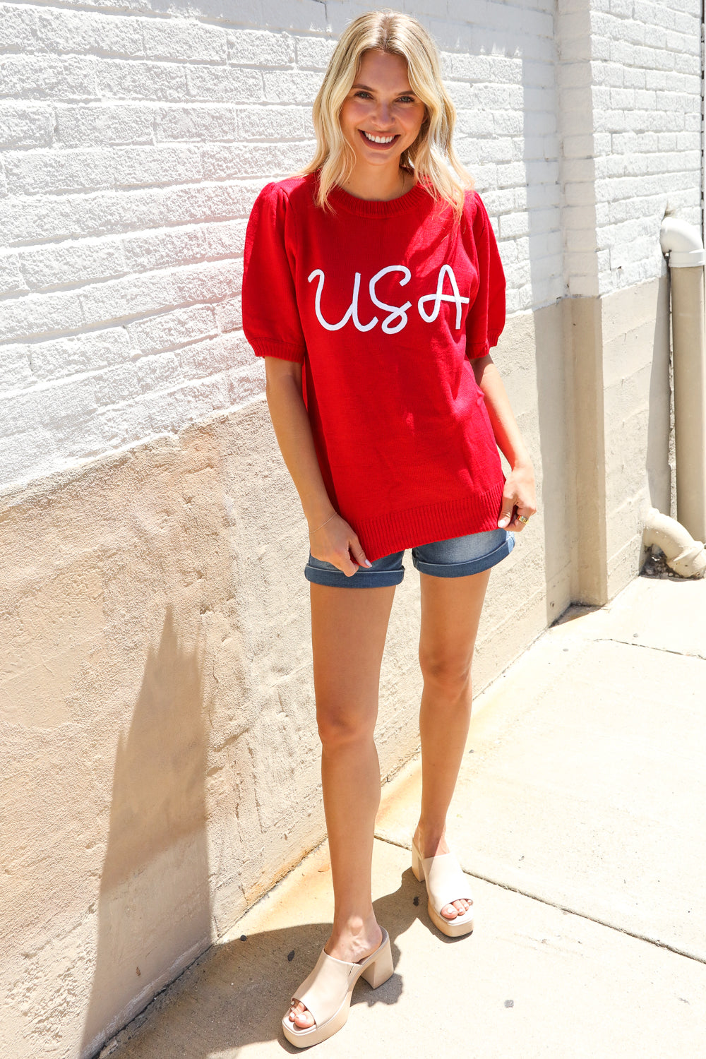 Haptics Patriotic USA Red Knit Embroidery Puff Sleeve Sweater Top