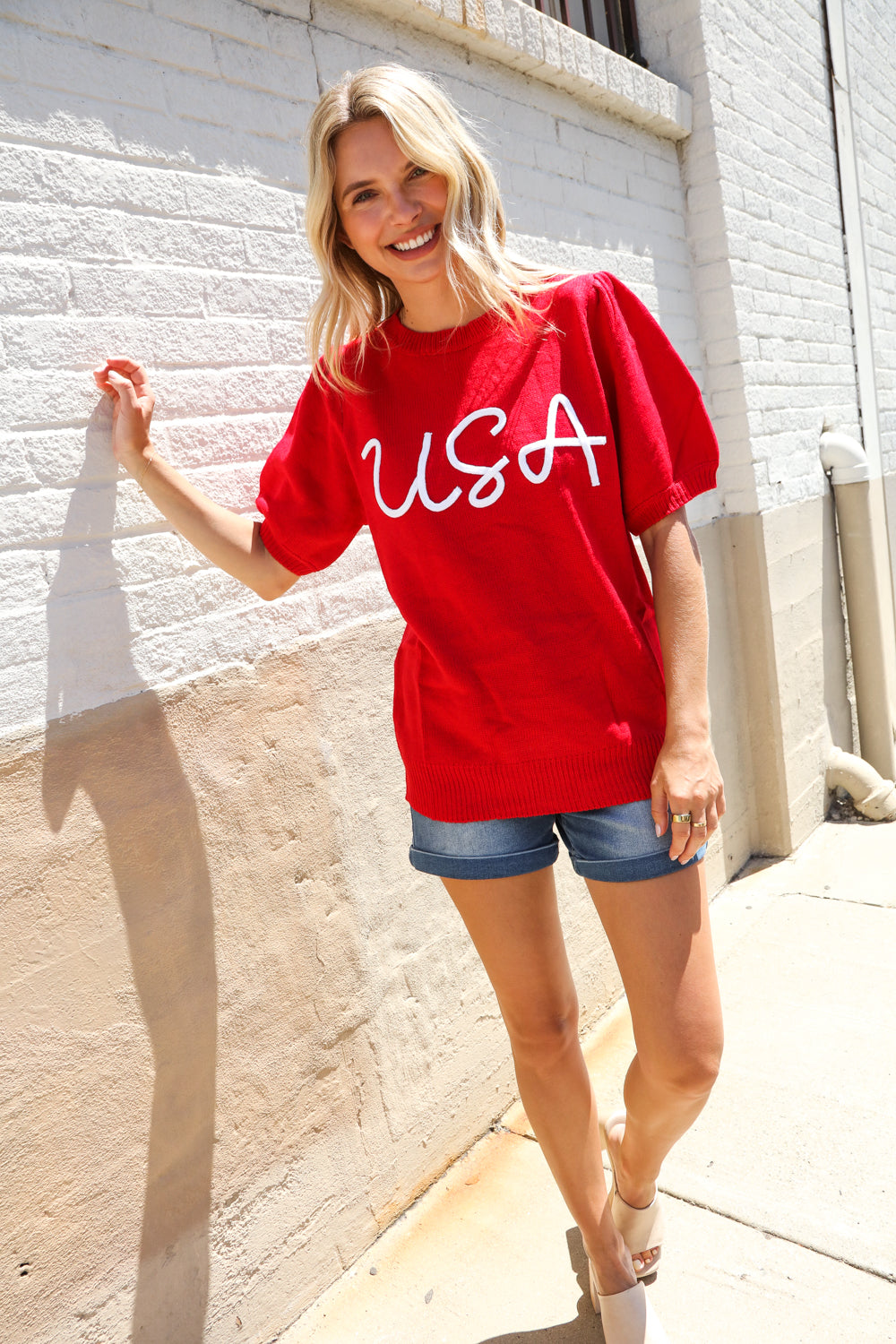 Haptics Patriotic USA Red Knit Embroidery Puff Sleeve Sweater Top