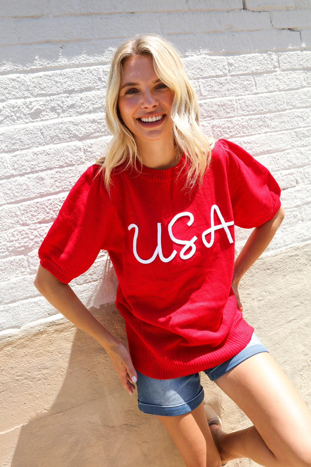 Haptics Patriotic USA Red Knit Embroidery Puff Sleeve Sweater Top