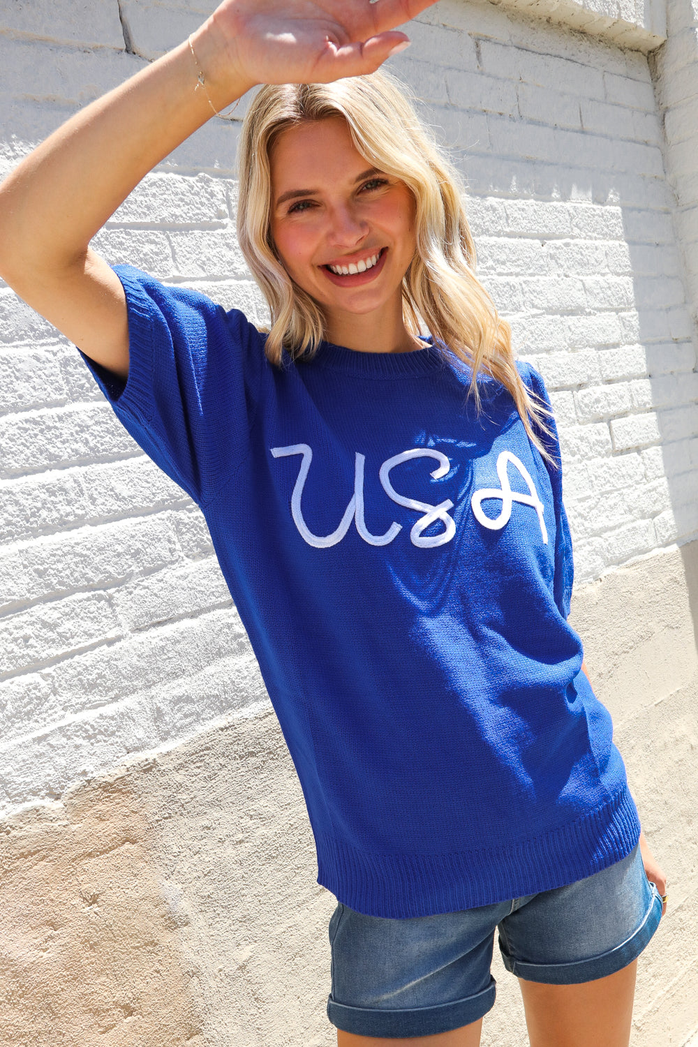 Haptics Patriotic USA Blue Knit Embroidery Puff Sleeve Sweater Top